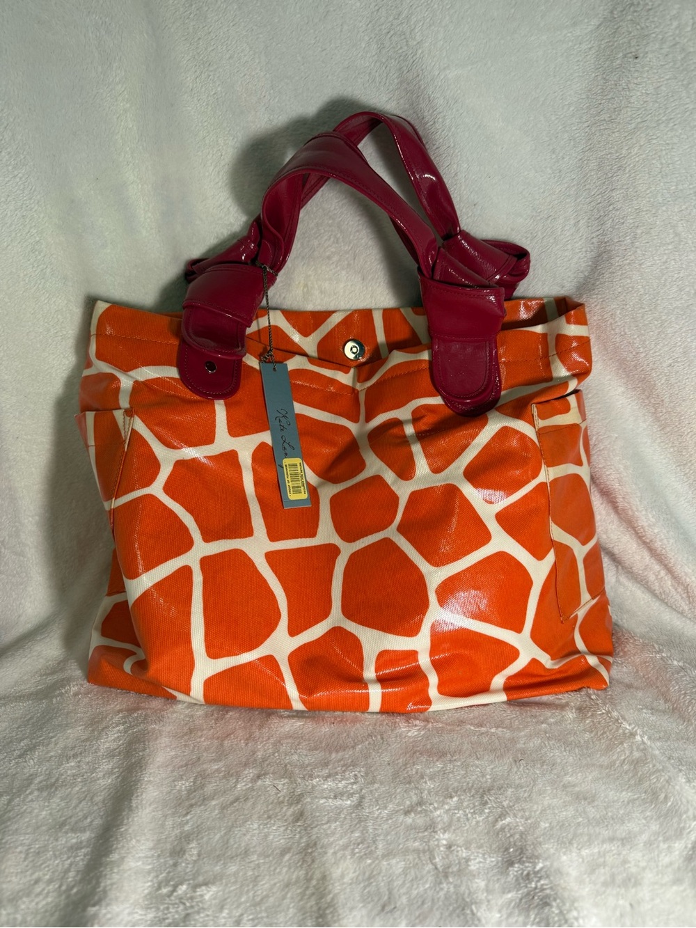 Kate Landry Orange Giraffe-Print Tote with Pink Patent Handles
